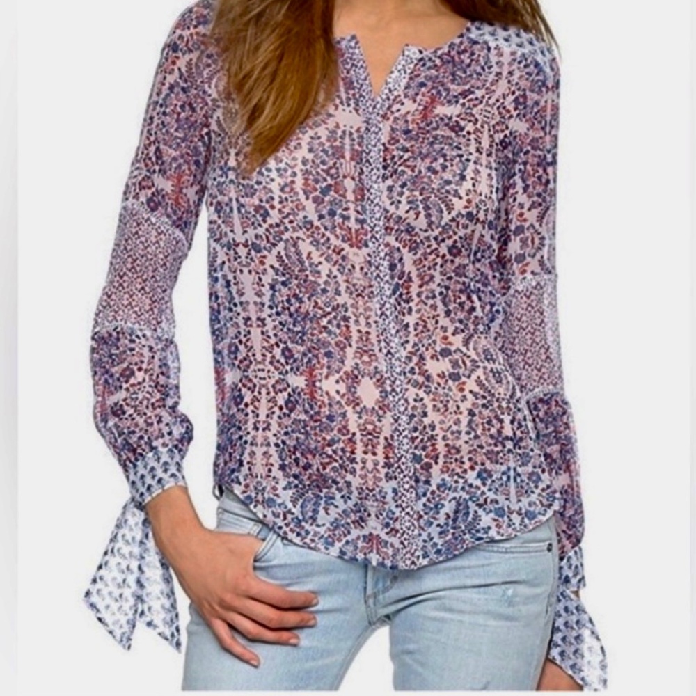 Rebecca Taylor Silk Sheer Boho Blouse with Tie Cuffs Size 8 NWOT